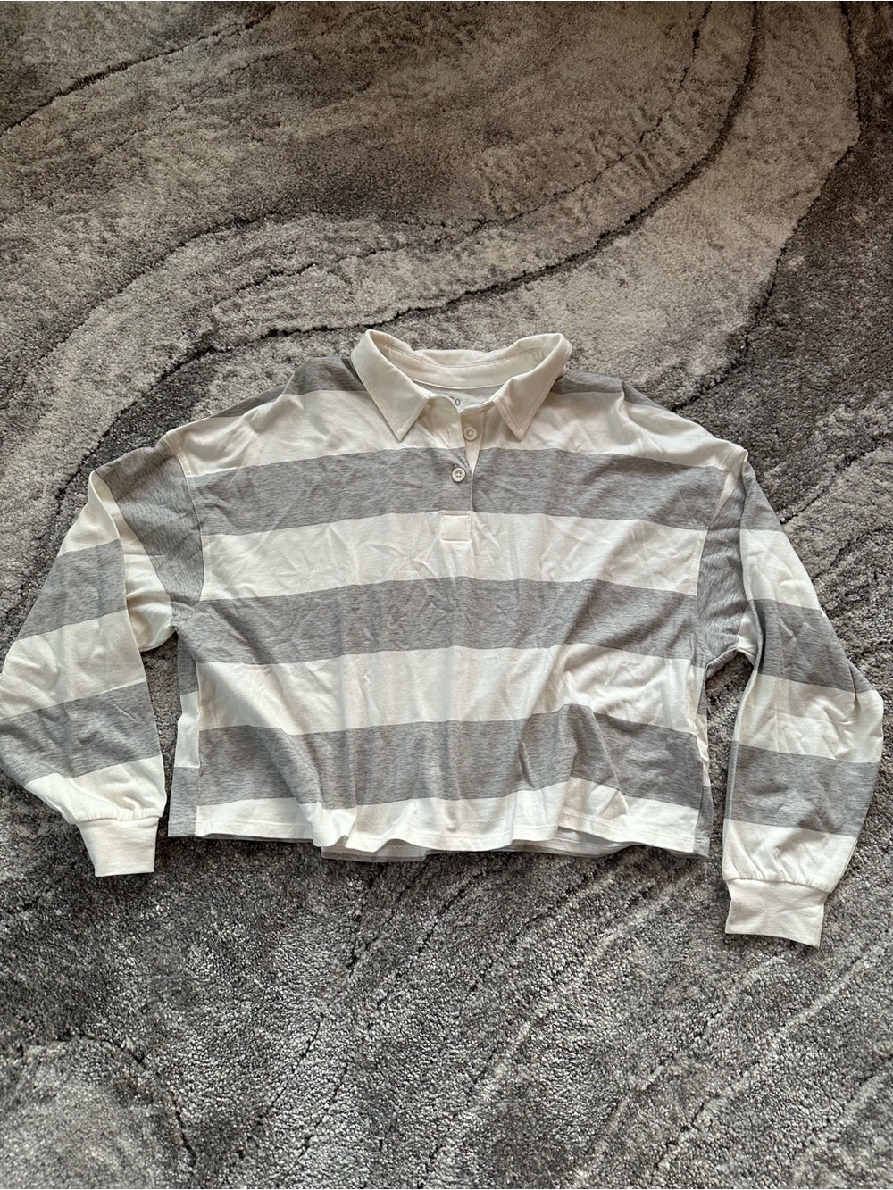 Long Sleeve Striped Polo Shirt - White & Light Gray